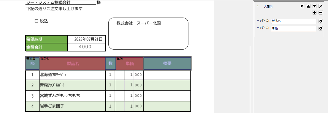 画像 2 | AI JIMY Paperbot ナレッジベース Invoice-like document showing company name 株式会社 スーパー北国 with a rounded note box; a green block lists 希望納期 2023年07月21日 and 金額合計 4000. Below is a table: No, 製品名, 数, 単価, 摘要; items: 1 北海道フロマージュ、2 青森アップルパイ、3 宮城ずんだもち、4 岩手ごま団子, each 1, 1000円, total 4000.